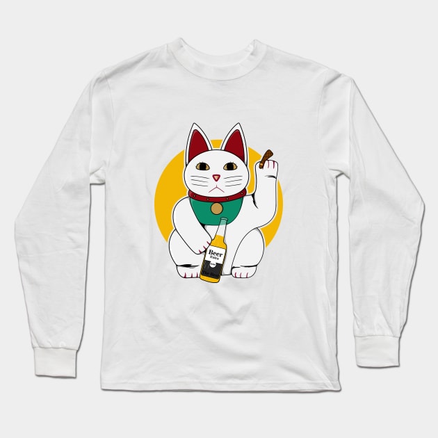 chinese cat on chill with beer and cigar Long Sleeve T-Shirt by perfunctory